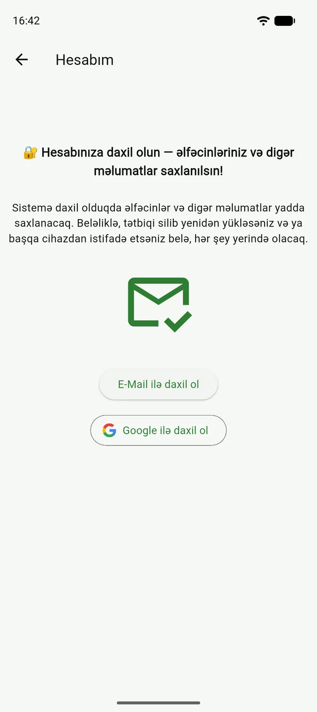Tənzildə Hesabım səhifəsi: e-mail və ya Google ilə daxil olma