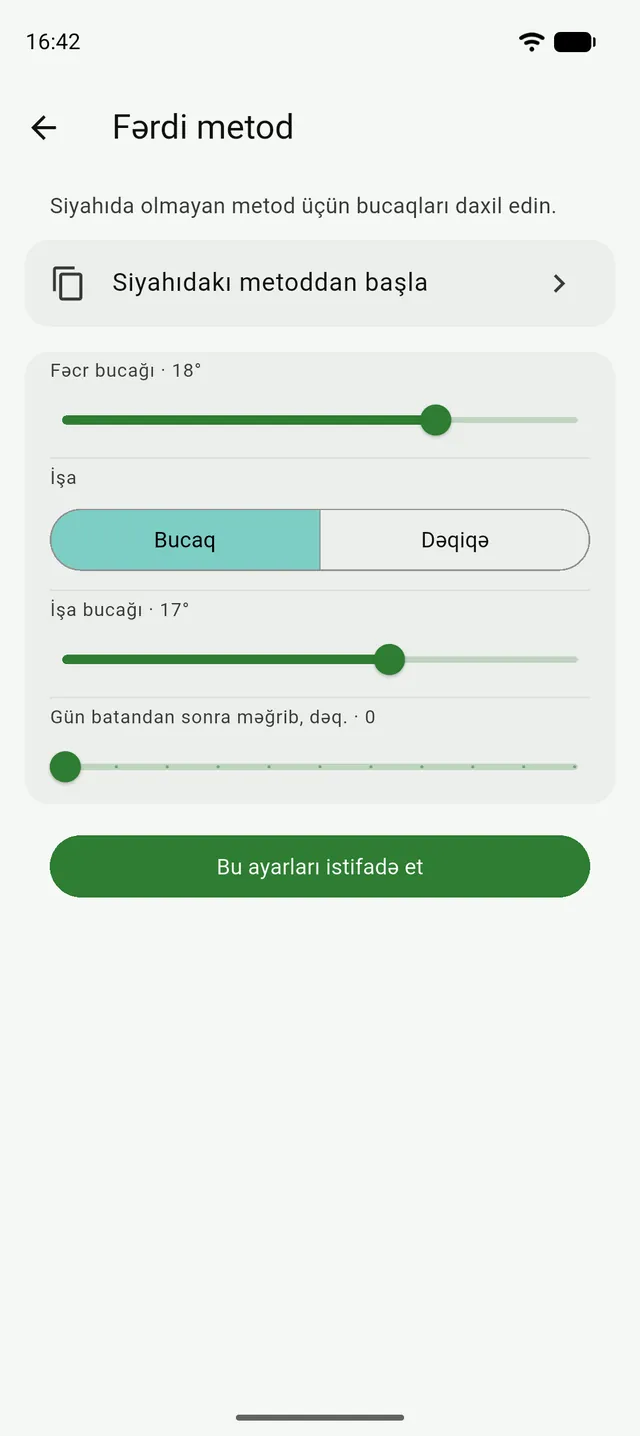 Tənzildə Fərdi metod səhifəsi: Fəcr və İşa bucaq sürüşdürücüləri