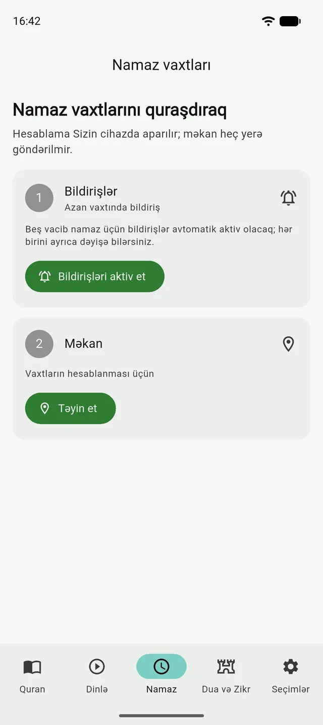 Tənzildə namaz vaxtlarının quraşdırılması ekranı: bildirişlər və məkan addımları