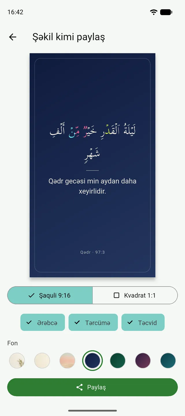 Tənzildə Şəkil kimi paylaş ekranı: ayə kartı, format seçimi və fon zolağı