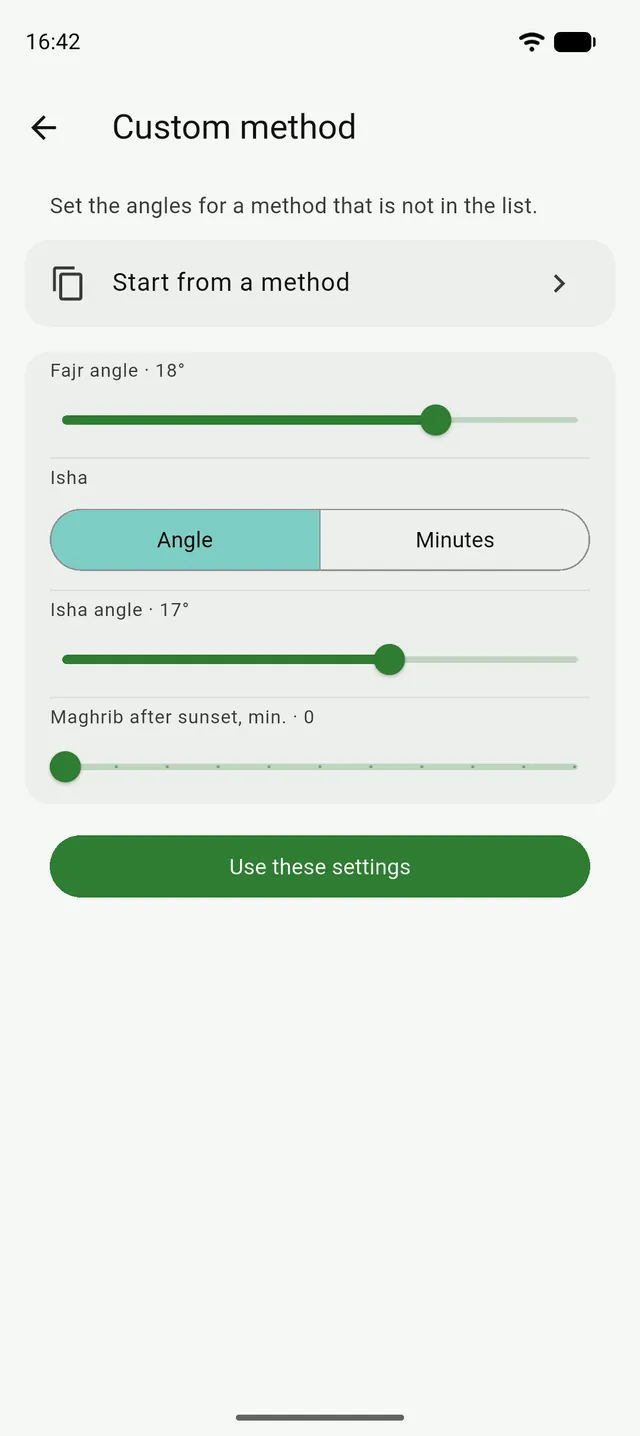 The Custom method page in Tanzil with the Fajr and Isha angle sliders