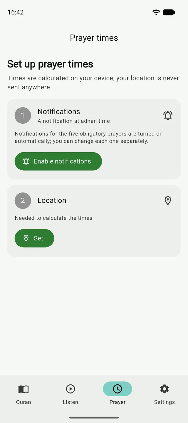 The Tanzil prayer setup screen with the notifications and location steps