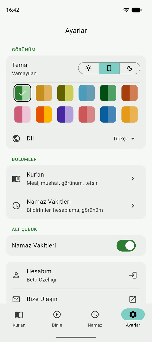 Tenzil ayarları: açık, varsayılan ve koyu mod düğmeleri, renk temaları ve dil