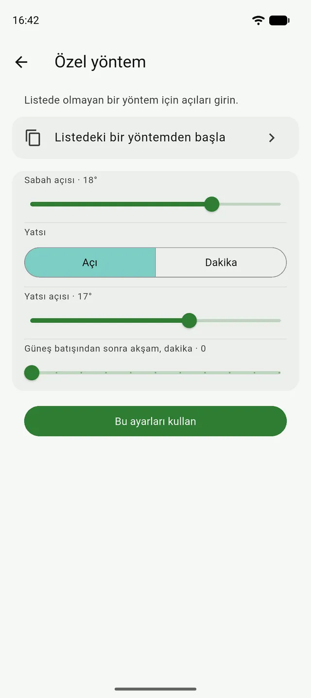 Tenzil'de Özel yöntem sayfası: Sabah ve Yatsı açısı kaydırıcıları