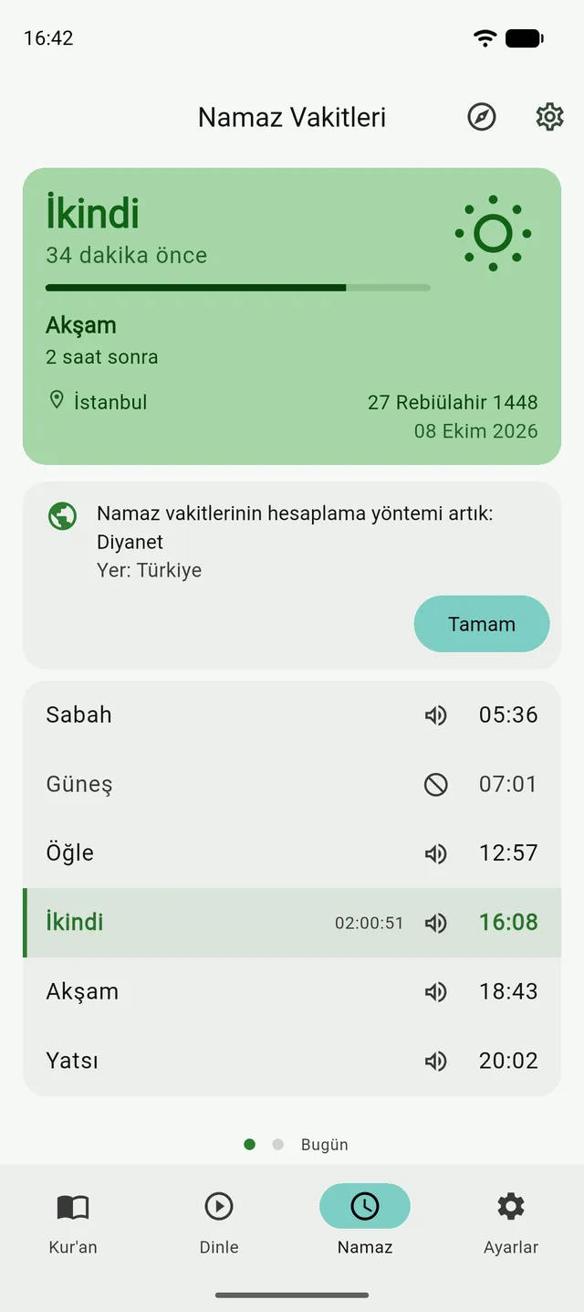 Tenzil'de Namaz sekmesi: hesaplama yönteminin değiştiğini bildiren kart