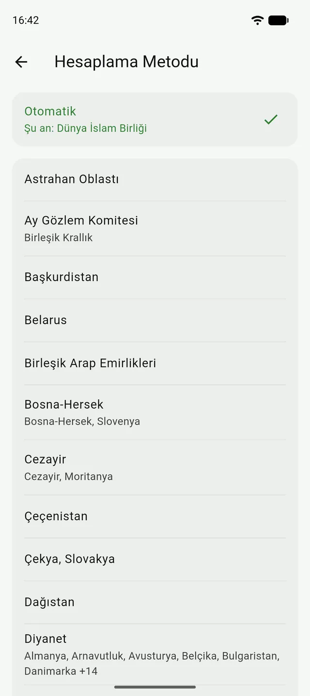 Tenzil'de Hesaplama Metodu listesi, en üstte Otomatik